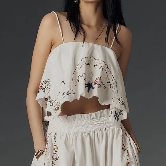 Anthropologie Hanky Crop Cutwork Tank Colorful Embroidery White SIZE XL NEW - Picture 5 of 10